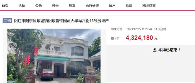 天博官网阳江市阳东碧桂园一栋独栋别墅被拍卖432万成交还便宜了(图2)